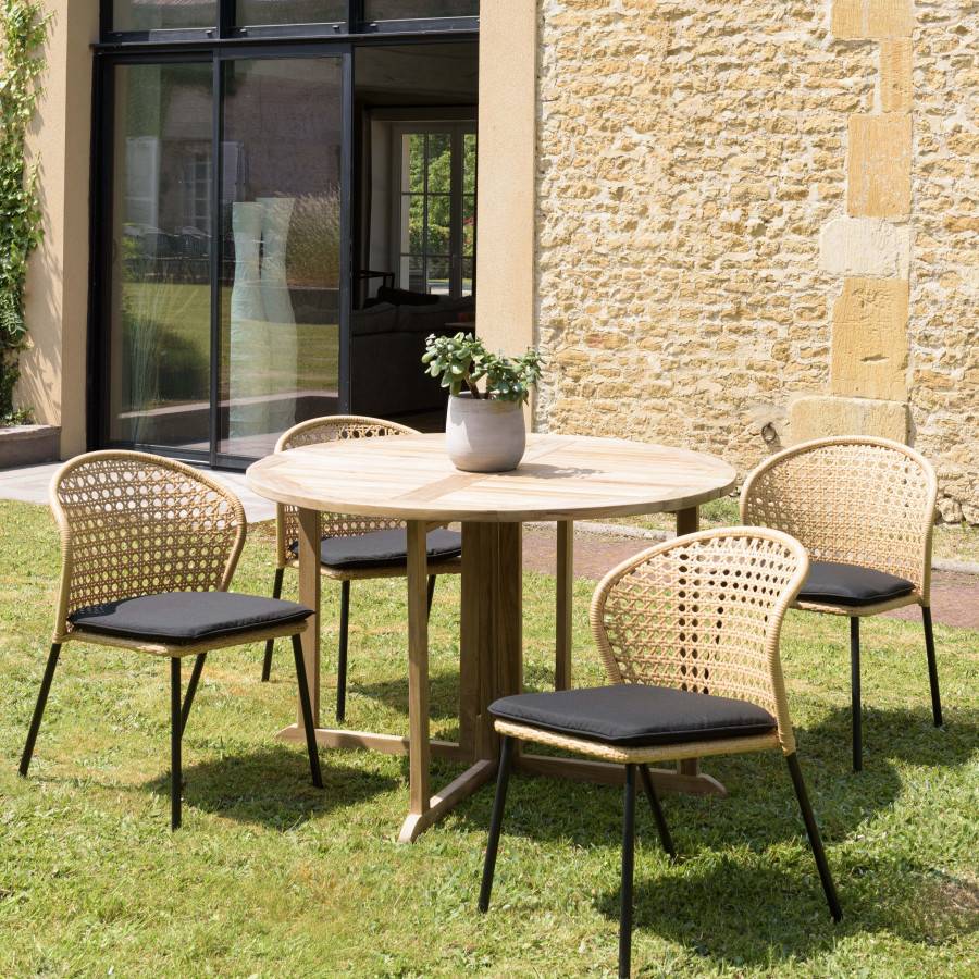 Macabane - MALO - SALON DE JARDIN 4 PERS. - 1 Table ronde 120x120cm et 4 chaises beiges et noires - Imagen 2
