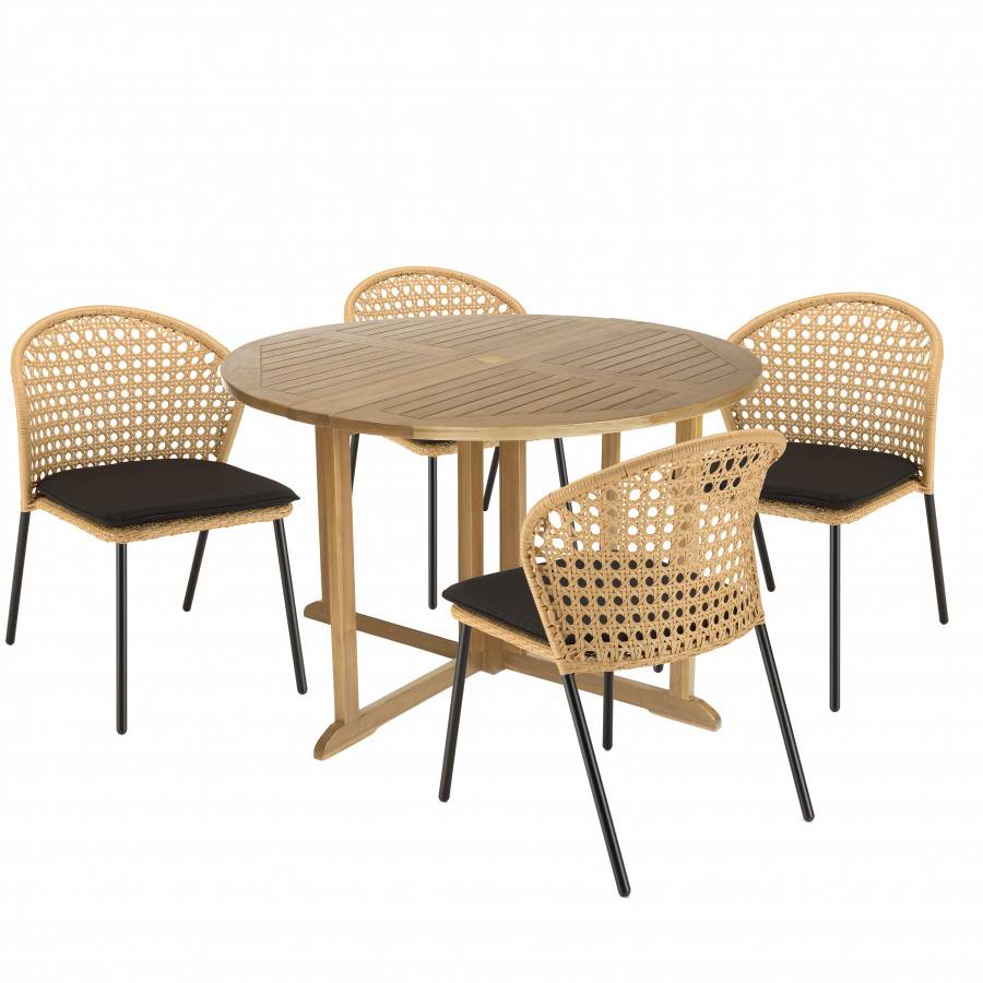 Macabane - MALO - SALON DE JARDIN 4 PERS. - 1 Table ronde 120x120cm et 4 chaises beiges et noires - Imagen 1