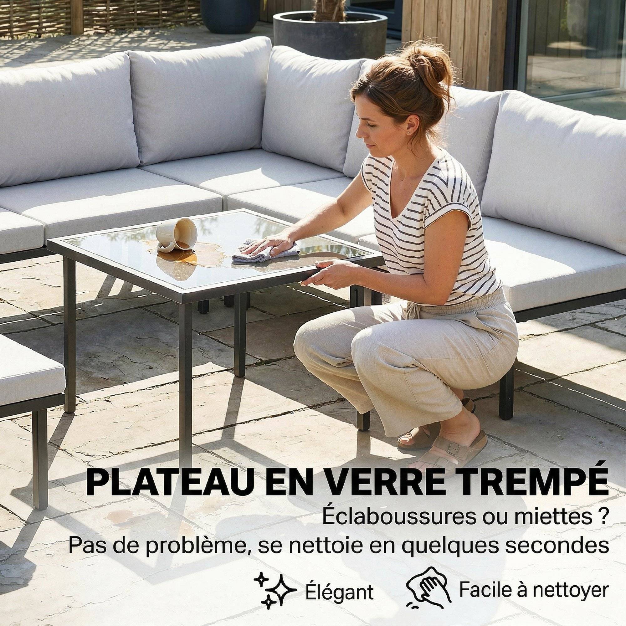 Salon de jardin extérieur d'angle modulable 6 personnes, canapés, table basse et coussins, gris foncé - Image 9