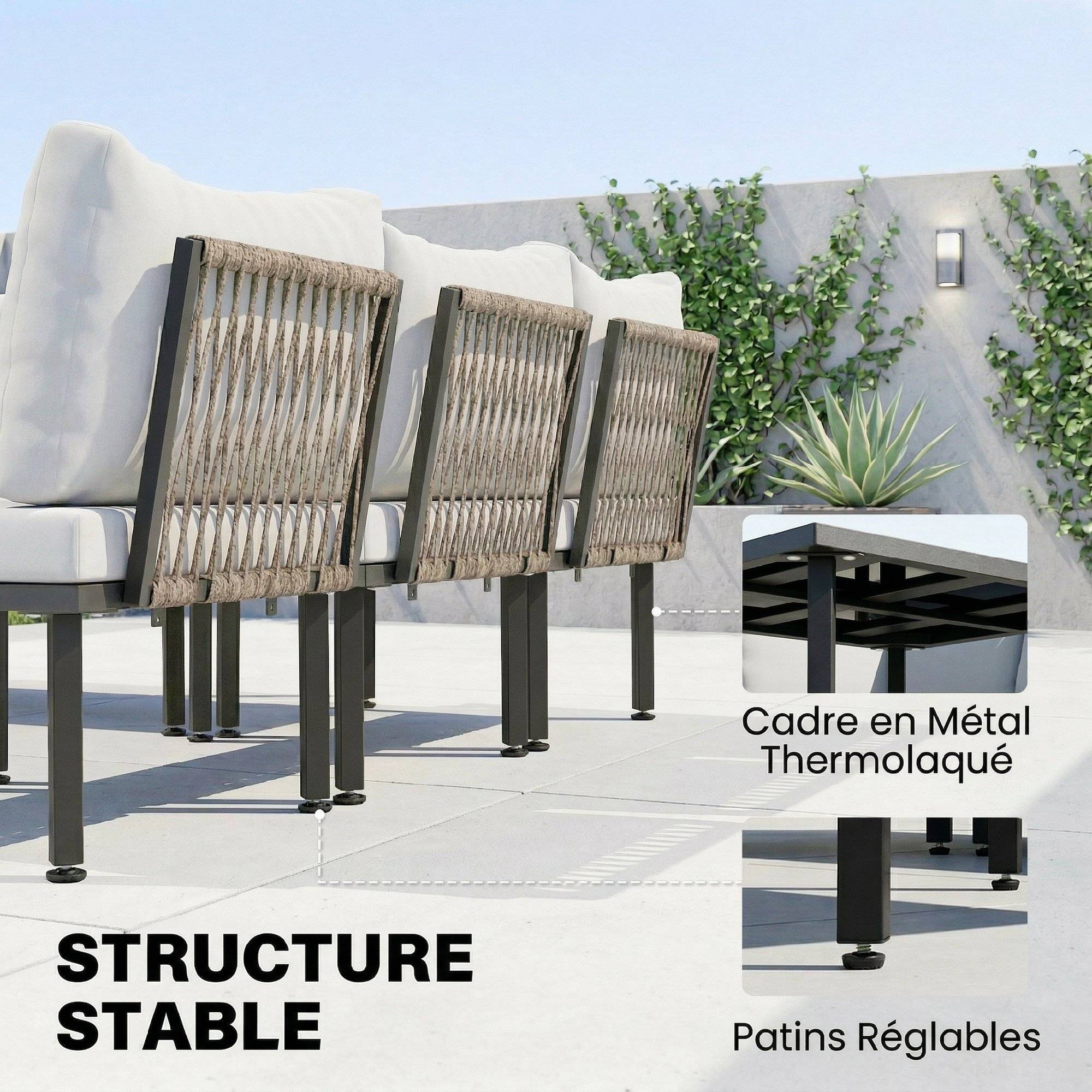 Salon de jardin extérieur d'angle modulable 6 personnes, canapés, table basse et coussins, gris foncé - Image 8