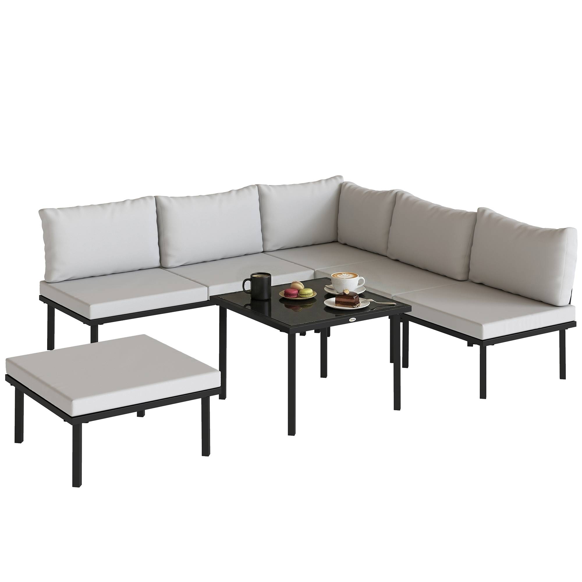Salon de jardin extérieur d'angle modulable 6 personnes, canapés, table basse et coussins, gris foncé - Image 1