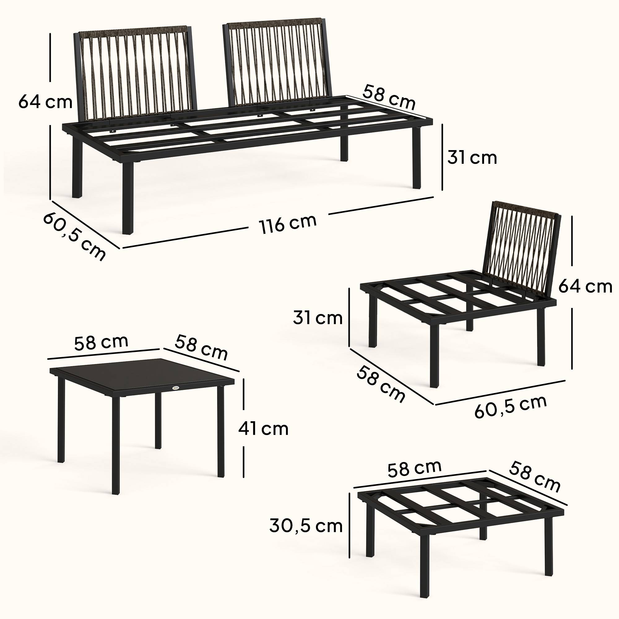 Salon de jardin extérieur d'angle modulable 6 personnes, canapés, table basse et coussins, gris foncé - Image 5