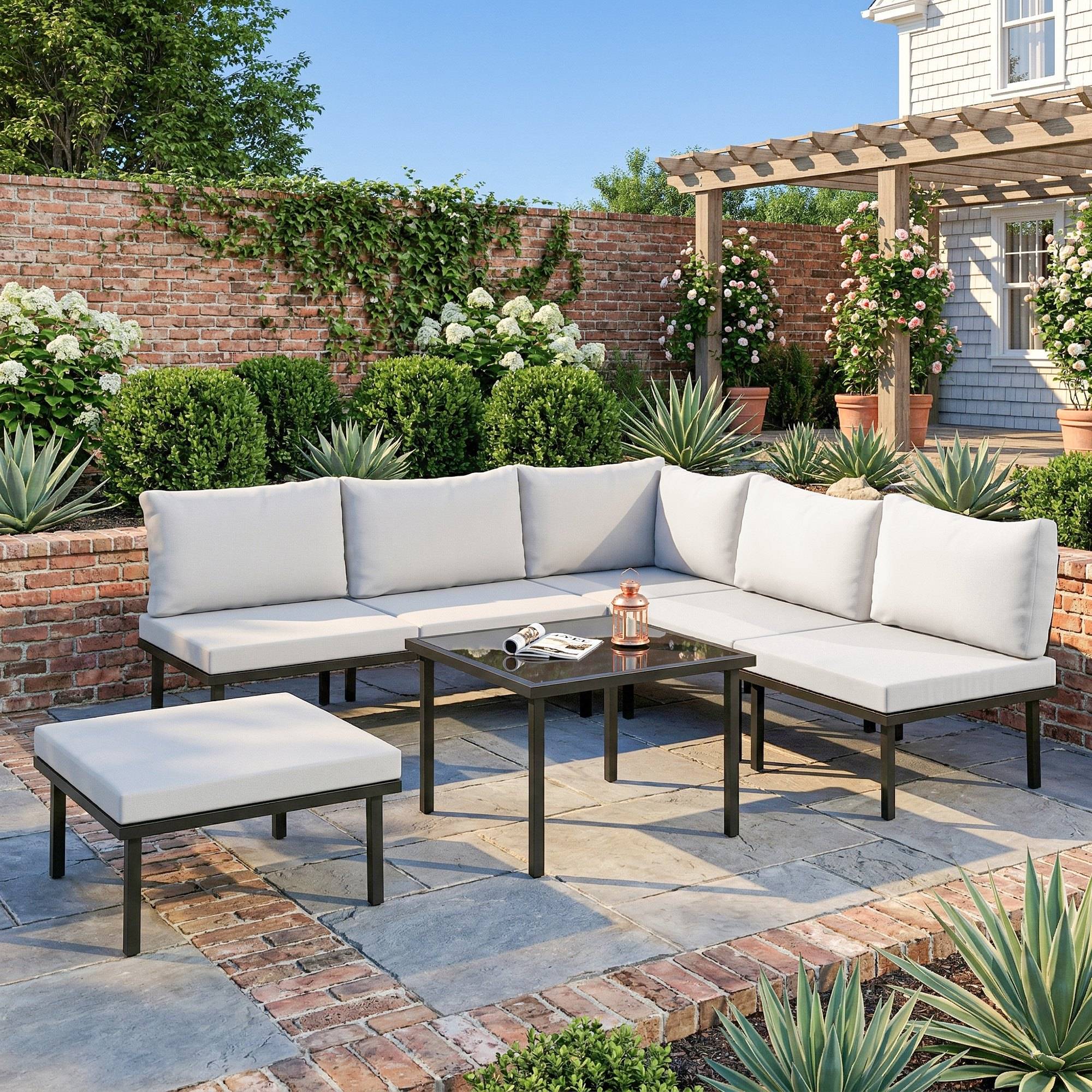 Salon de jardin extérieur d'angle modulable 6 personnes, canapés, table basse et coussins, gris foncé - Image 4