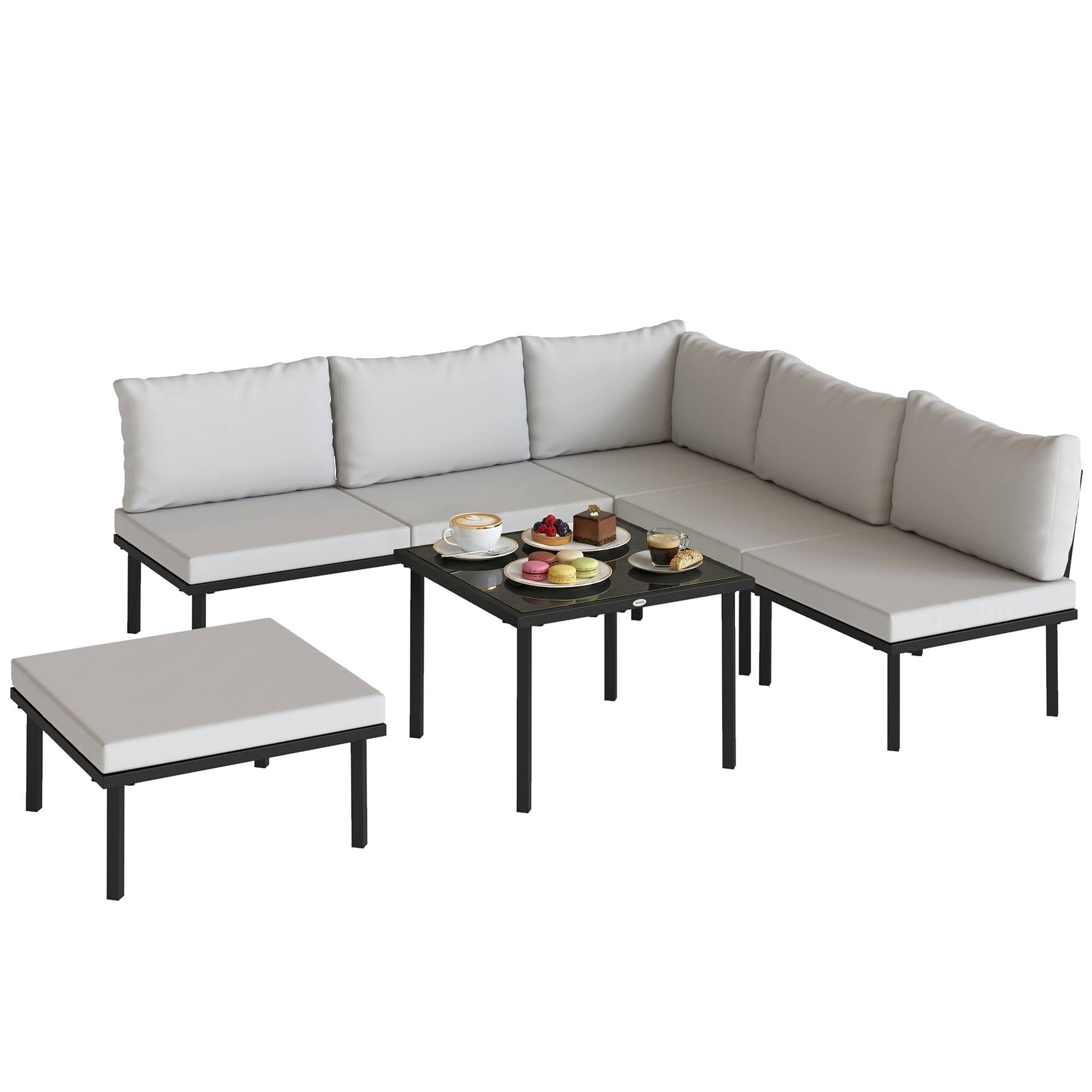 Salon de jardin extérieur d'angle modulable 6 personnes, canapés, table basse et coussins, gris foncé - Image 2