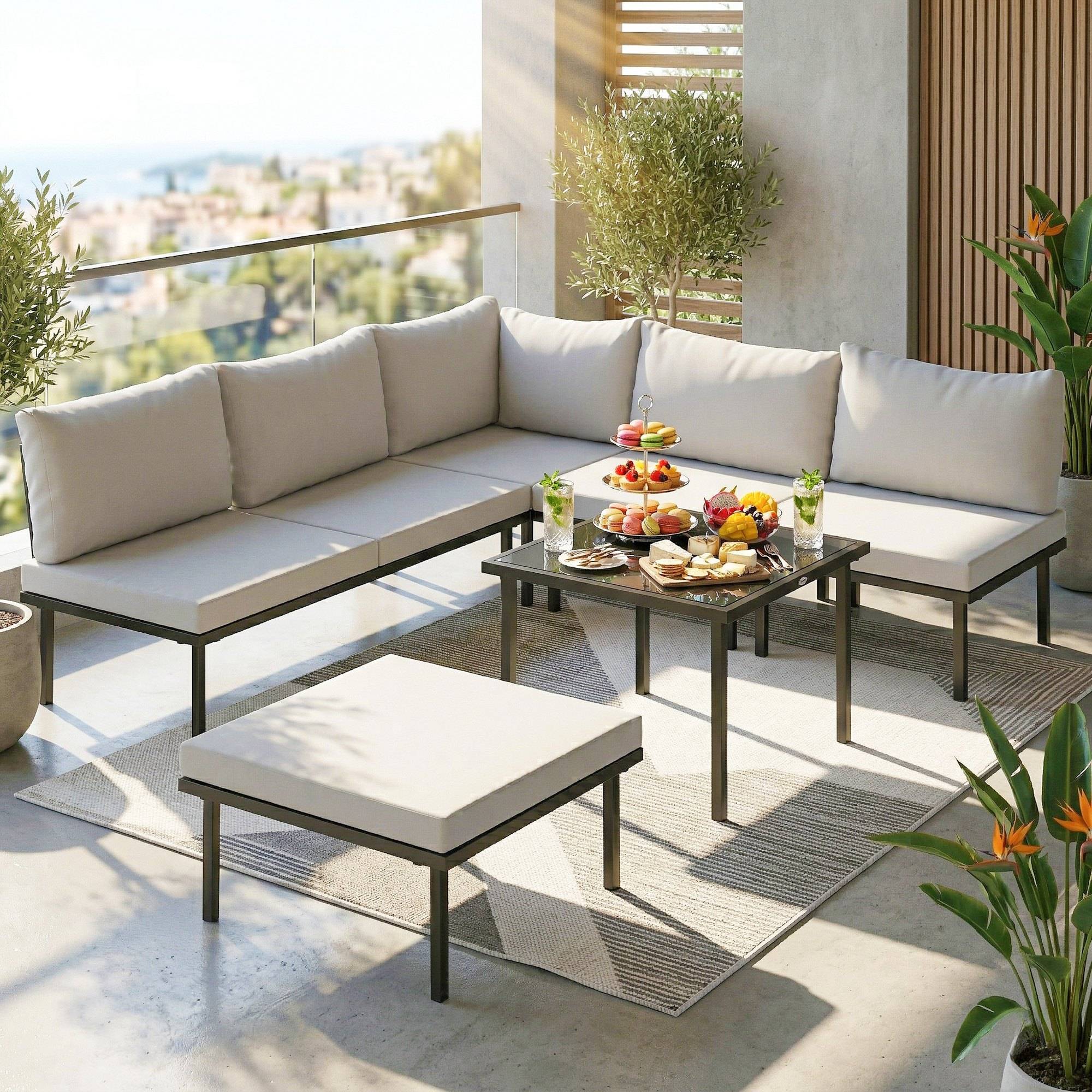 Salon de jardin extérieur d'angle modulable 6 personnes, canapés, table basse et coussins, gris foncé - Image 3