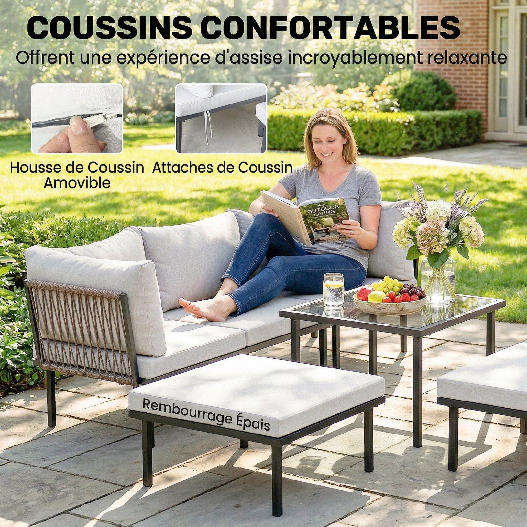 Salon de jardin extérieur d'angle modulable 6 personnes, canapés, table basse et coussins, gris foncé - Image 7
