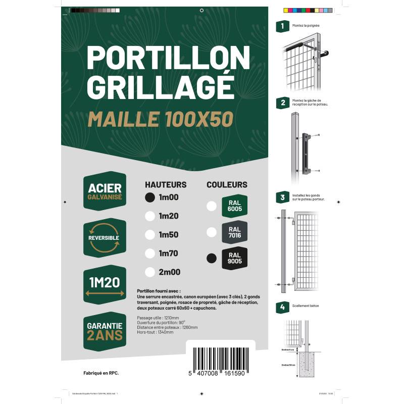 Portillon grillagé en acier galvanisé maille 100 x 50 L 1m20 x 1m00 Noir - Easy Clôture - Imagen 5