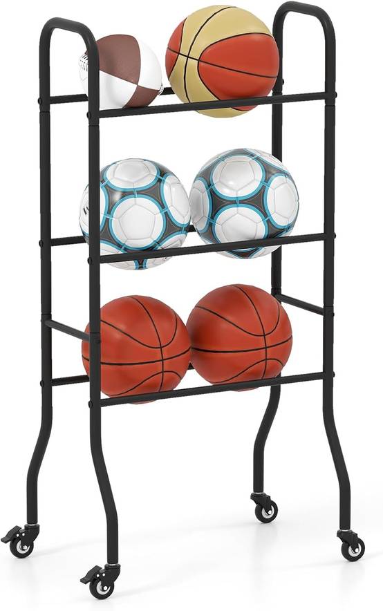 Rack à Ballons 3 Couches, Porte-Ballon Support de Rangement avec 4 Roues Universelles, Cadre en Métal, Organiseur d'Équipements Sportifs pour Garage S - Image 2