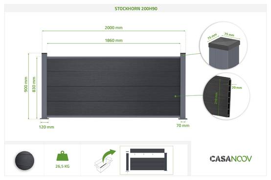CASANOOV - Casanoov Clôture composite 2m STOCKHORN H.90 cm sur plaque grise - Image 2