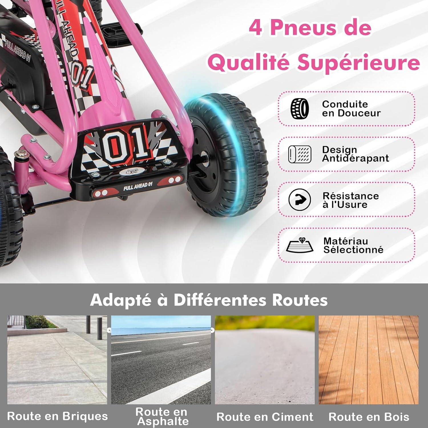 COSTWAY Kart à Pédale Enfant – Siège Réglable, Frein à Main, 4 Roues EVA – Charge 30 Kg – Pour Enfants De 3 à 8 Ans – 98x59x61 Cm – Cadeau Idéal