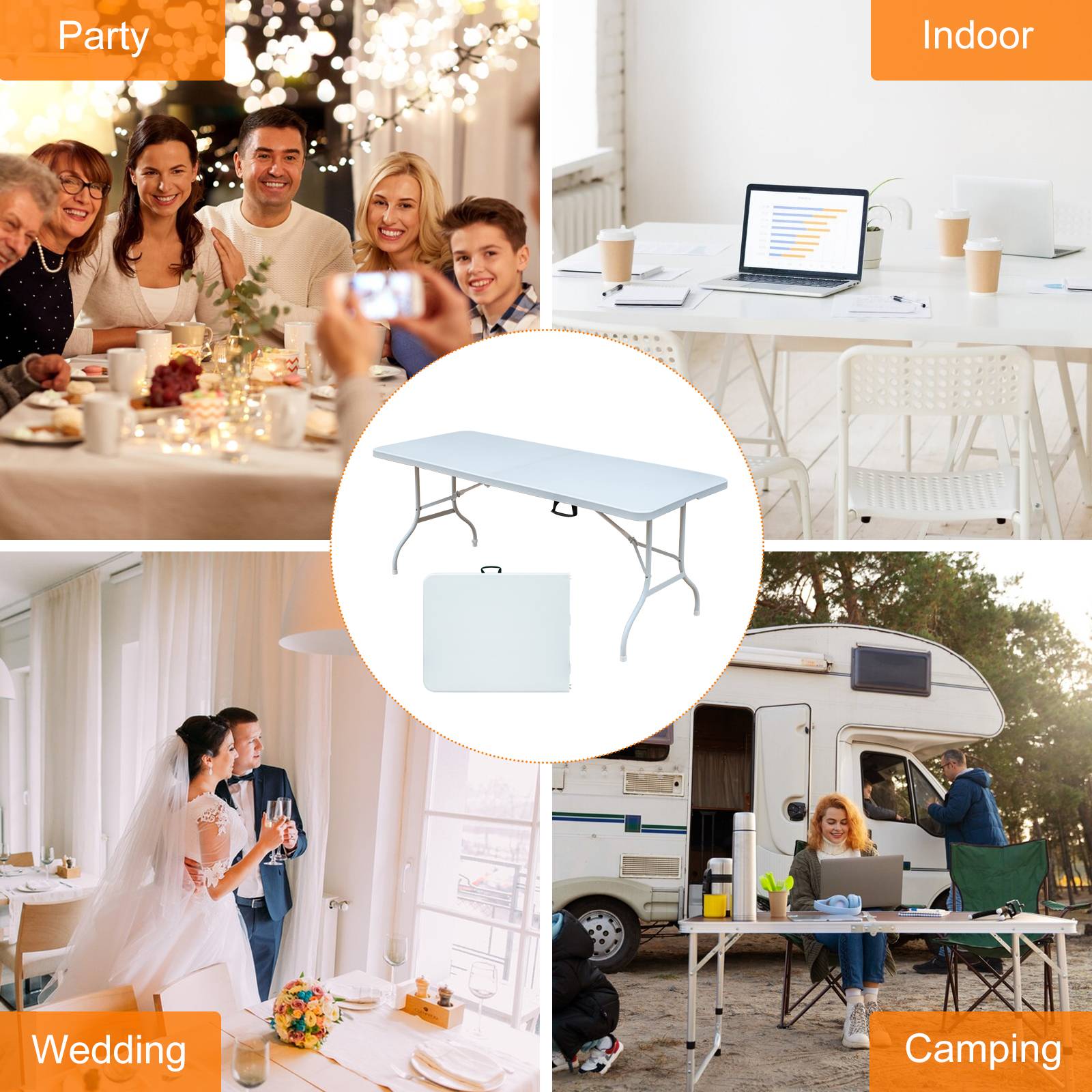 Table pliante robuste 244cm, portable avec poignée, multifonctionnelle fêtes camping intérieur extérieur, charge 135kg (blanc) - Image 7