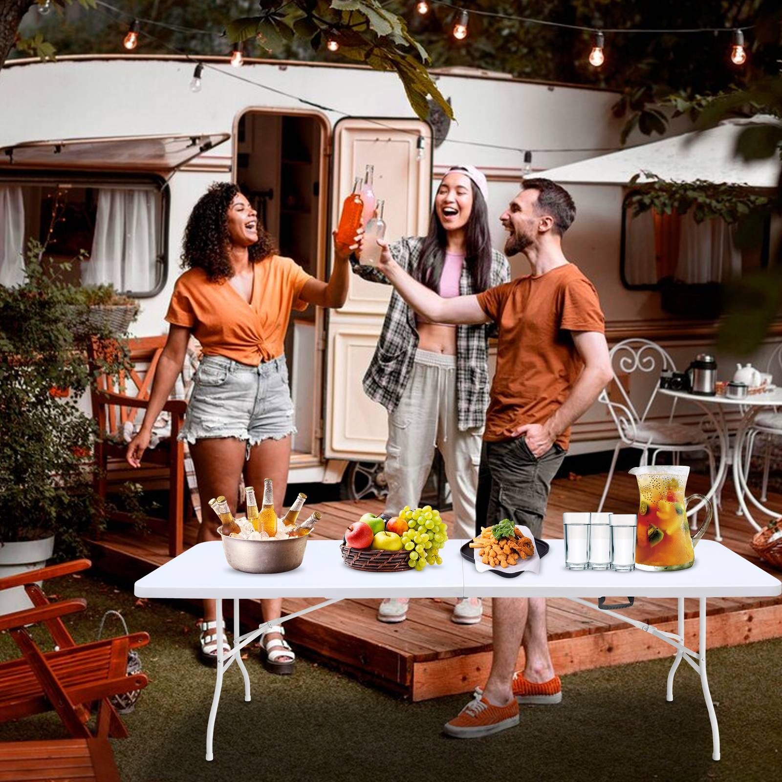 Table pliante robuste 244cm, portable avec poignée, multifonctionnelle fêtes camping intérieur extérieur, charge 135kg (blanc) - Image 8