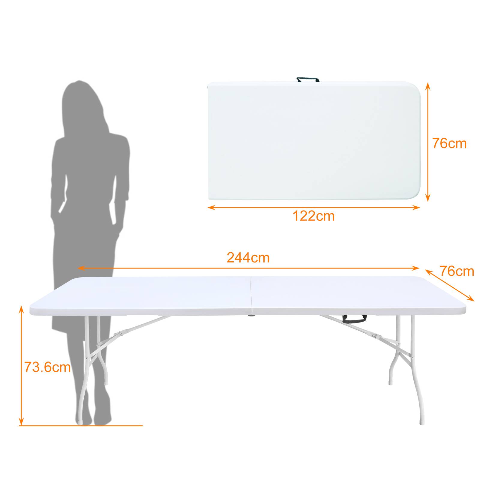 Table pliante robuste 244cm, portable avec poignée, multifonctionnelle fêtes camping intérieur extérieur, charge 135kg (blanc) - Image 6