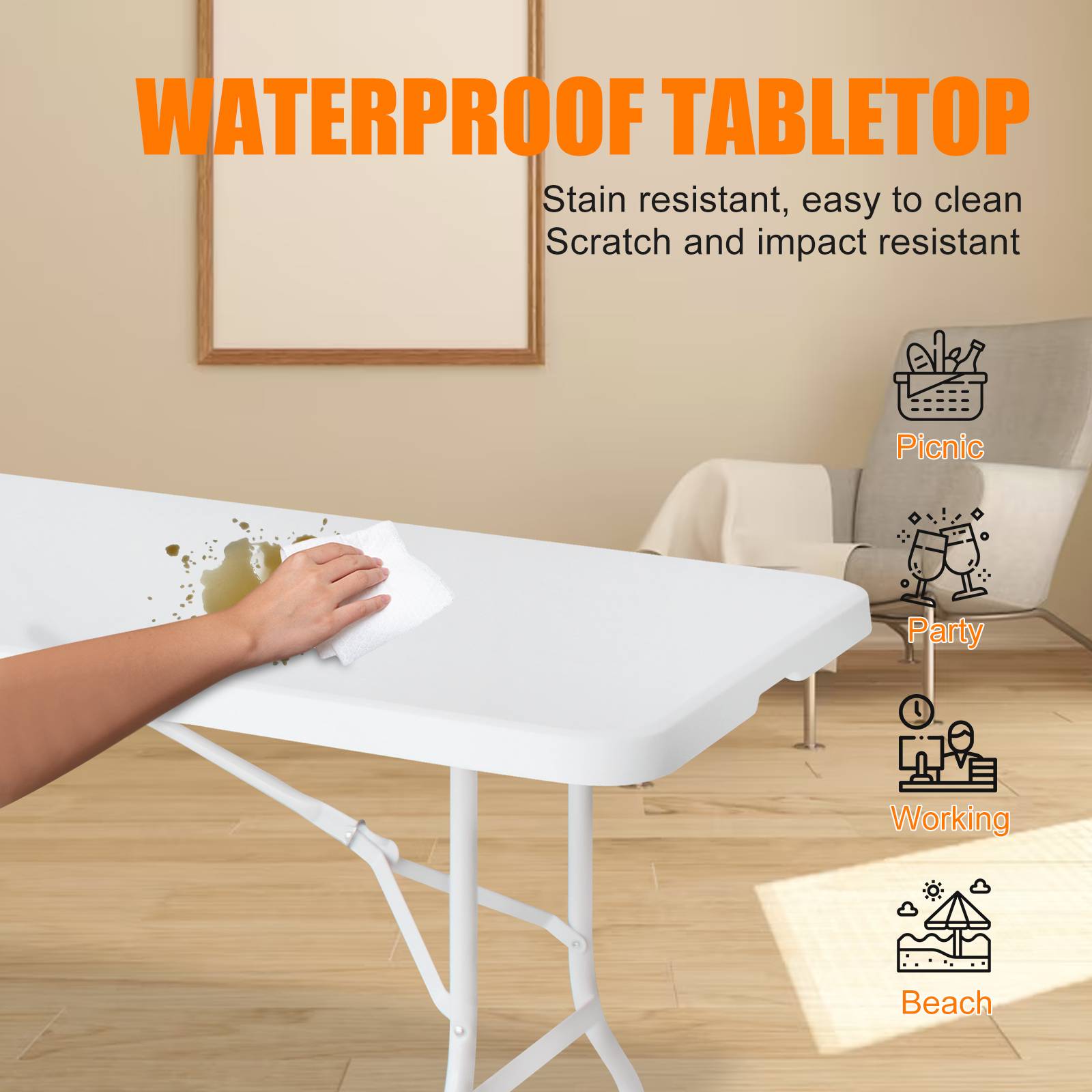 Table pliante robuste 244cm, portable avec poignée, multifonctionnelle fêtes camping intérieur extérieur, charge 135kg (blanc) - Image 3