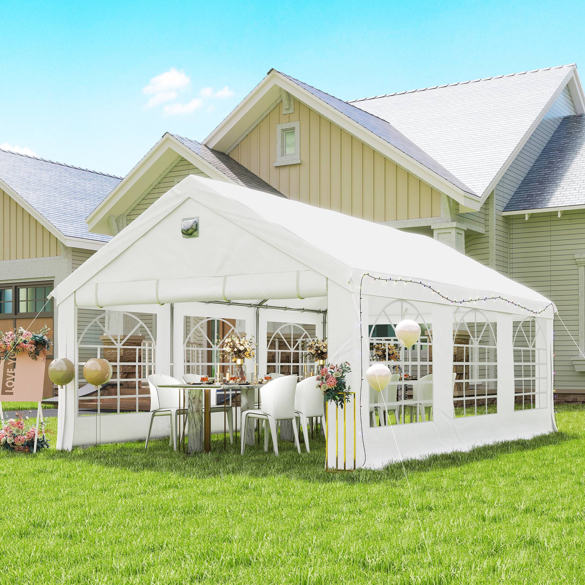 ComfortXL - Tente réception barnum acier PE jardin fête éclairage LED fenêtres imperméable 600x400cm blanc - ComfortXL Outdoor Living - Image 3