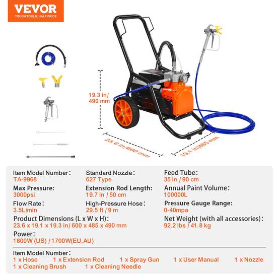 VEVOR Pulvérisateur sans air 1700W, 3000 PSI, 3.5 L/min. Barre extension. Peinture intérieur/extérieur. - Image 7