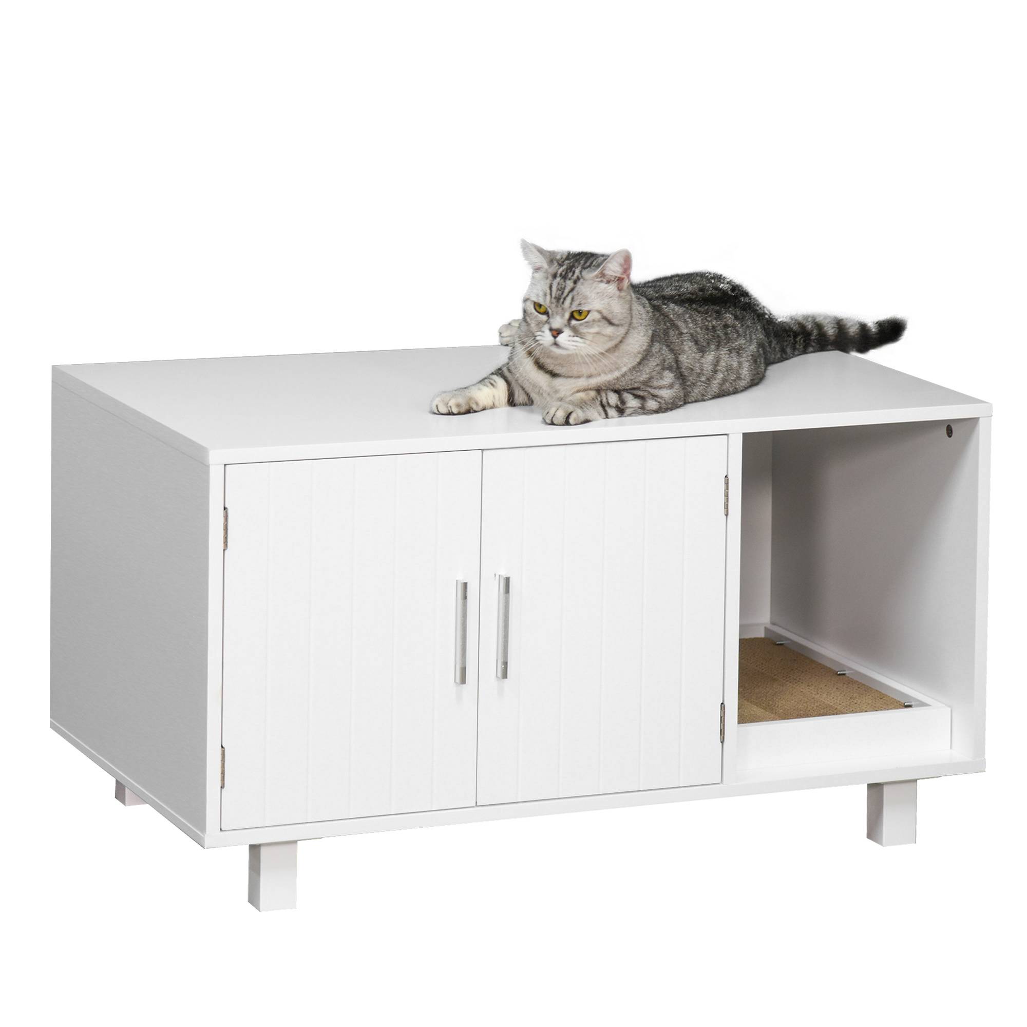 Sans Marque - Meuble à litière en bois pour chat, blanc, avec 2 portes et ouverture latérale, et griffoir. - Image 2