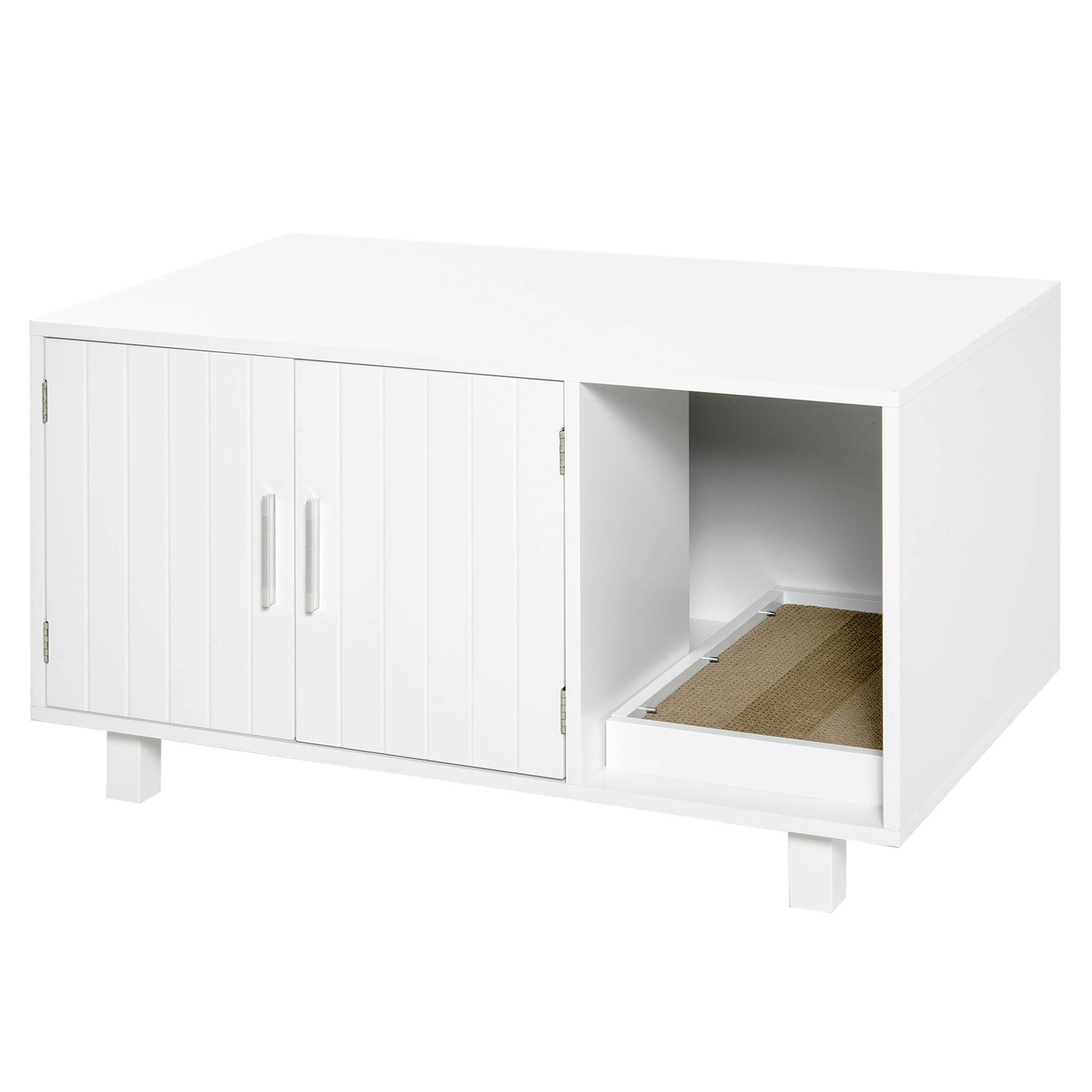 Sans Marque - Meuble à litière en bois pour chat, blanc, avec 2 portes et ouverture latérale, et griffoir. - Image 1