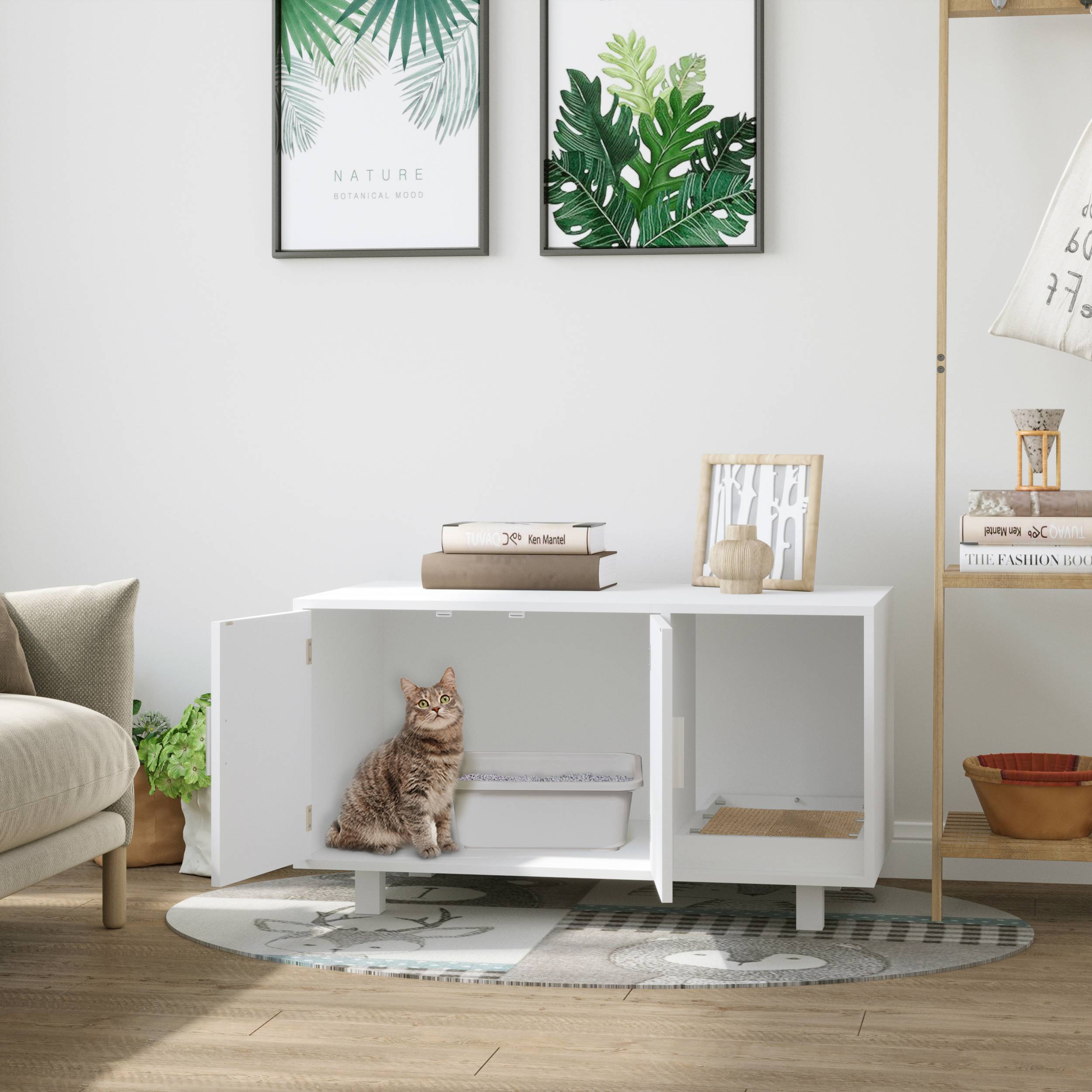 Sans Marque - Meuble à litière en bois pour chat, blanc, avec 2 portes et ouverture latérale, et griffoir. - Image 3