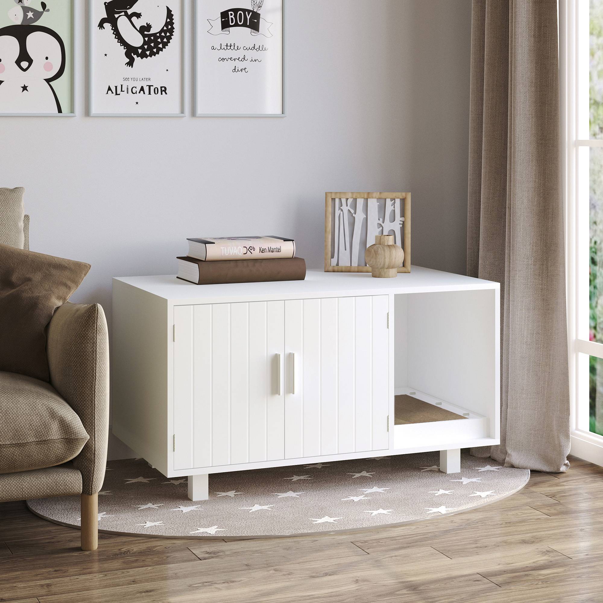 Sans Marque - Meuble à litière en bois pour chat, blanc, avec 2 portes et ouverture latérale, et griffoir. - Image 4