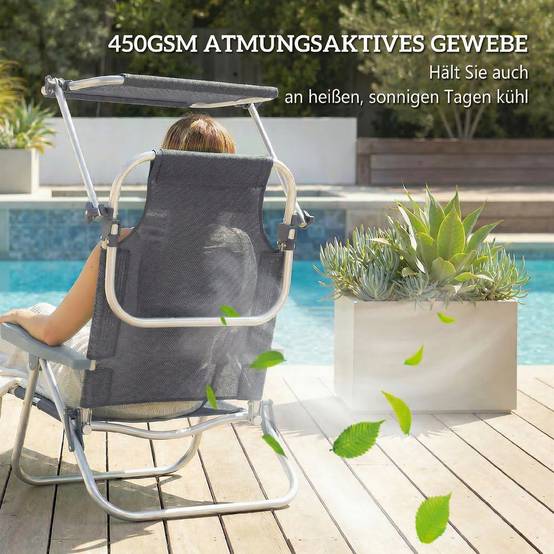 Chaise longue pliable Longue de jardin avec toit réglable par coussin, dossier réglable dans 6 directions 62 x 68 x 79 cm Gris - Image 7
