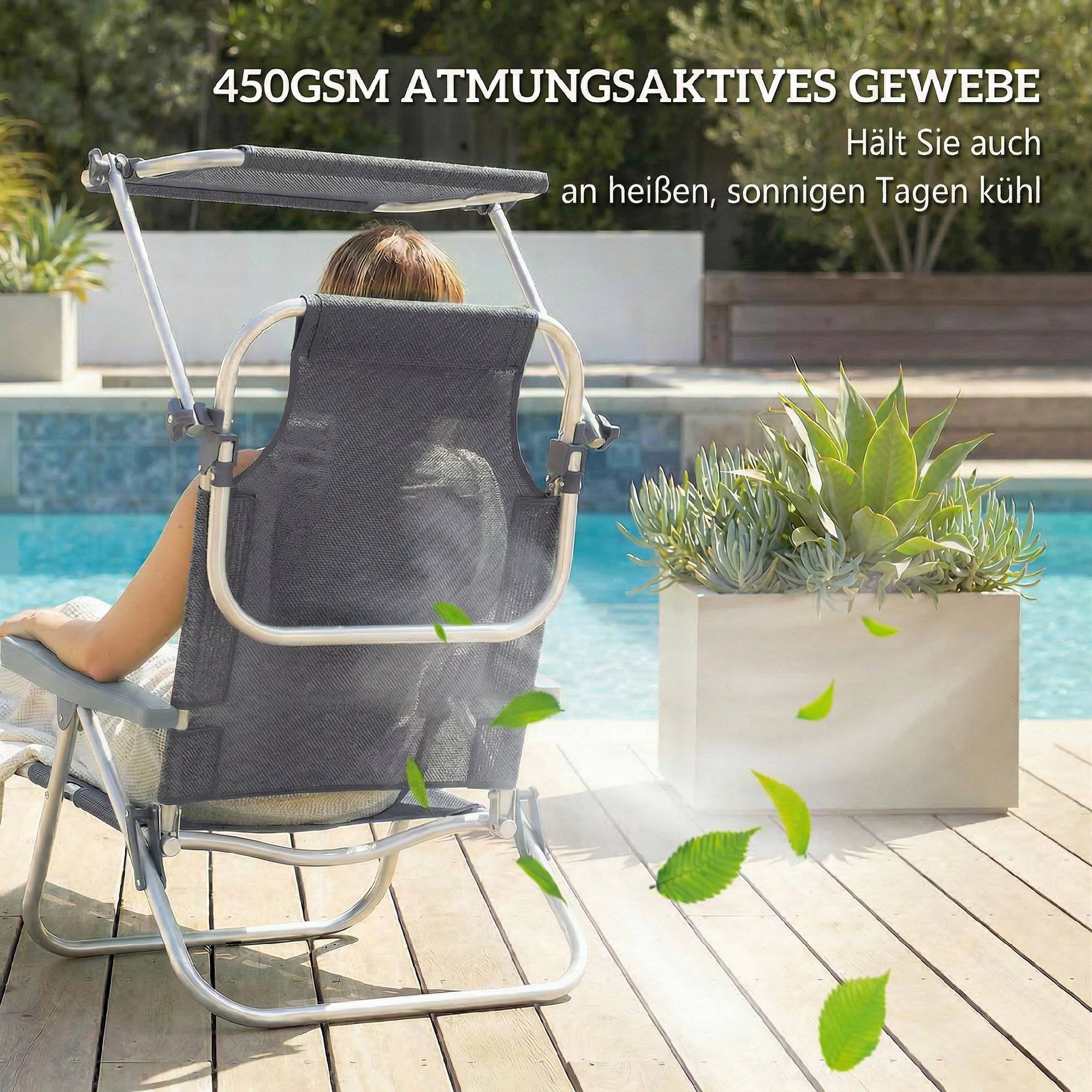 Chaise longue pliable Longue de jardin avec toit réglable par coussin, dossier réglable dans 6 directions 62 x 68 x 79 cm Gris - Image 7