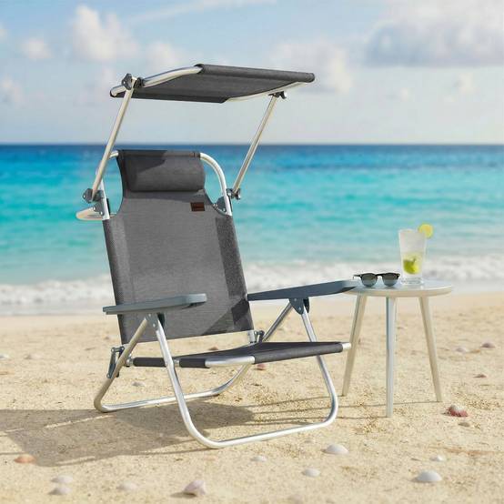 Chaise longue pliable Longue de jardin avec toit réglable par coussin, dossier réglable dans 6 directions 62 x 68 x 79 cm Gris - Image 2