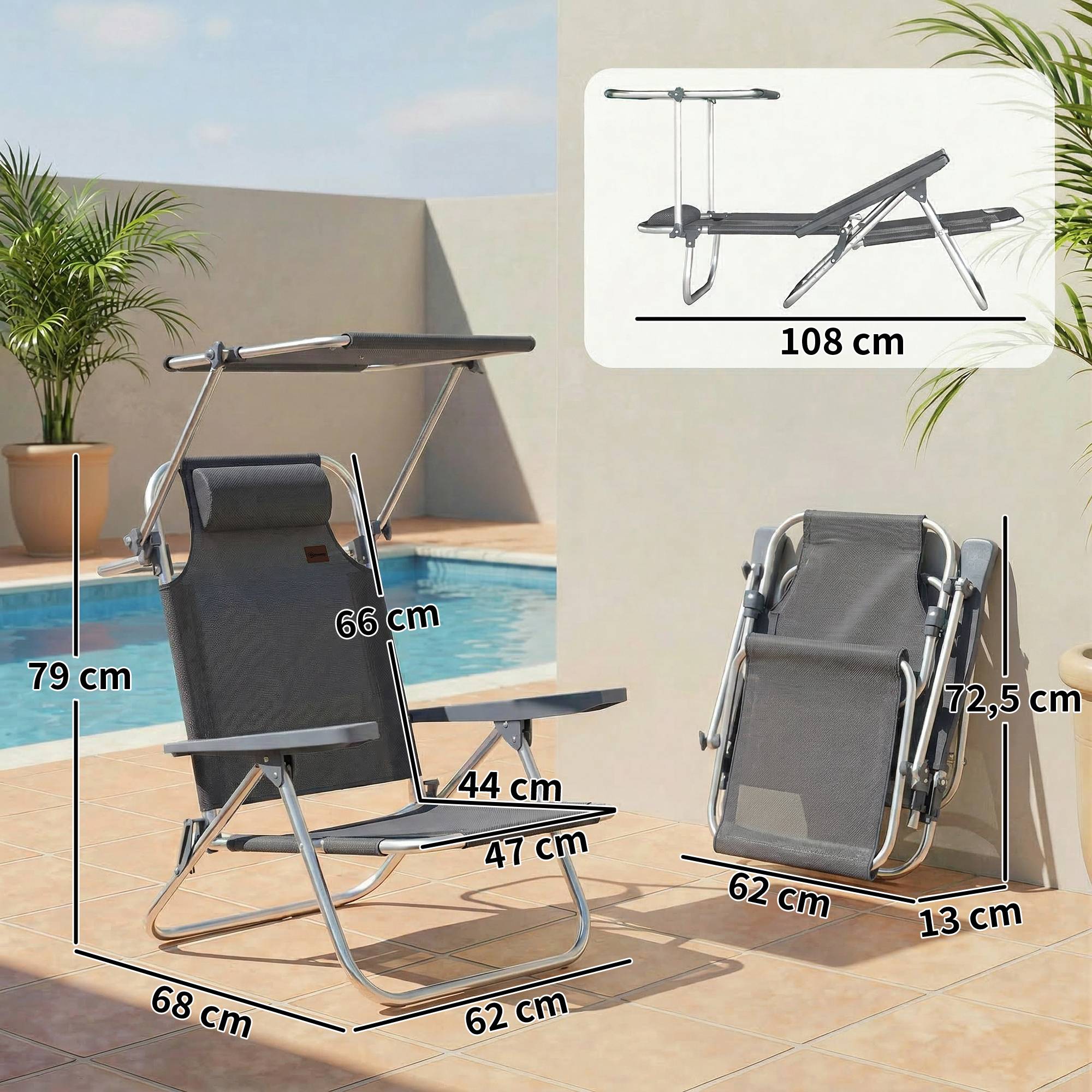 Chaise longue pliable Longue de jardin avec toit réglable par coussin, dossier réglable dans 6 directions 62 x 68 x 79 cm Gris - Image 3