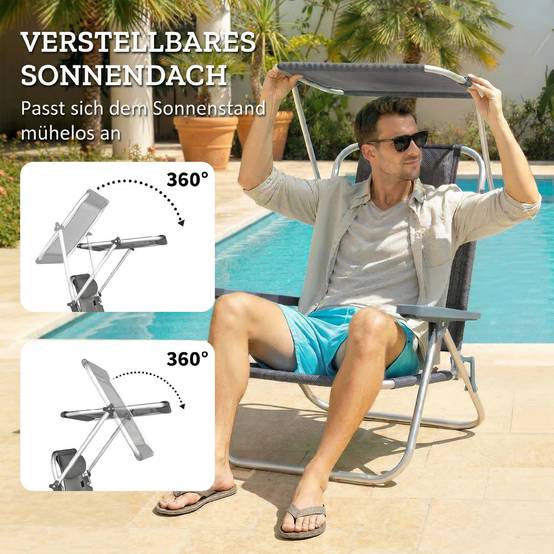 Chaise longue pliable Longue de jardin avec toit réglable par coussin, dossier réglable dans 6 directions 62 x 68 x 79 cm Gris - Image 5