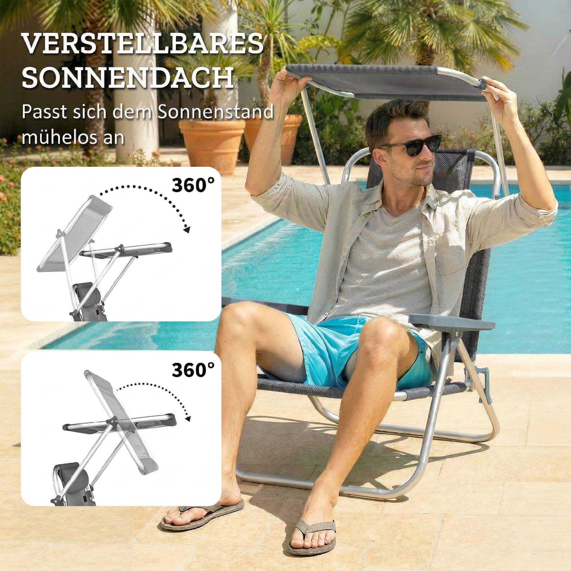 Chaise longue pliable Longue de jardin avec toit réglable par coussin, dossier réglable dans 6 directions 62 x 68 x 79 cm Gris - Image 5