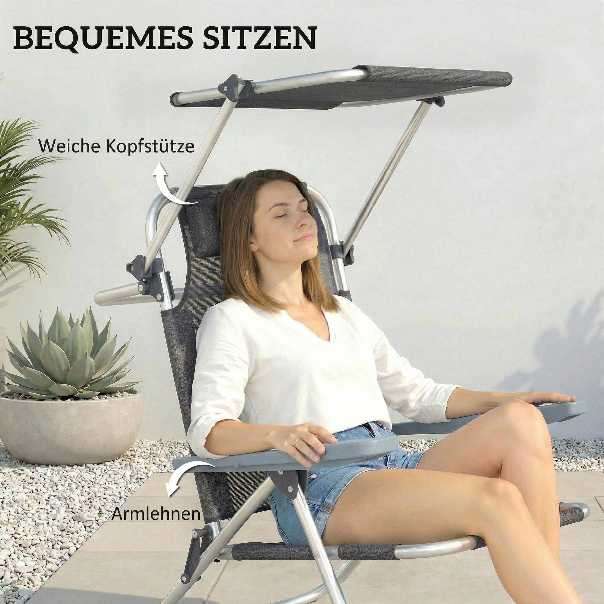 Chaise longue pliable Longue de jardin avec toit réglable par coussin, dossier réglable dans 6 directions 62 x 68 x 79 cm Gris - Image 6