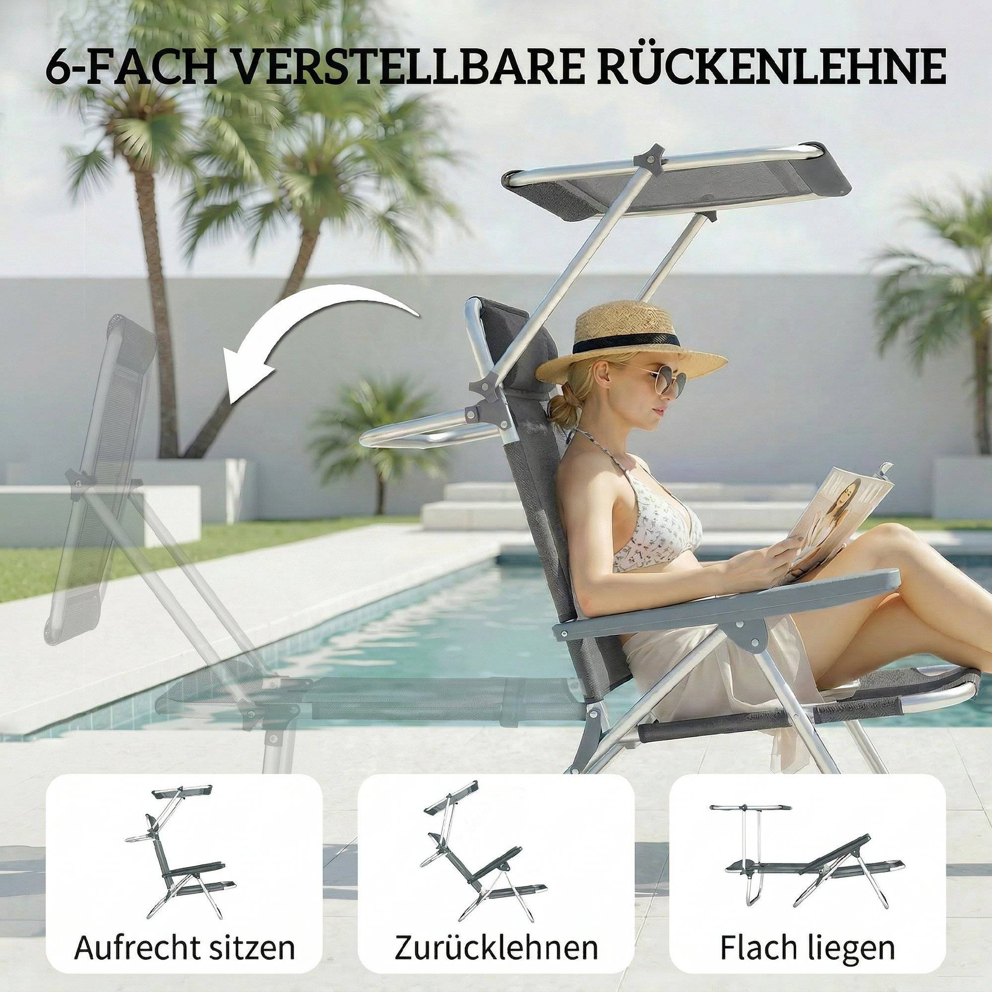 Chaise longue pliable Longue de jardin avec toit réglable par coussin, dossier réglable dans 6 directions 62 x 68 x 79 cm Gris - Image 4