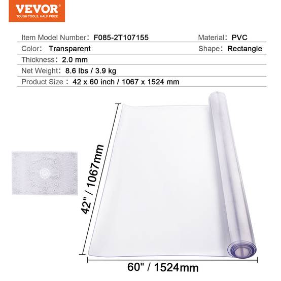 VEVOR Protecteur bureau PVC transparent, 42x60", 2.0mm, rectangulaire, imperméable, bureau. - Image 7