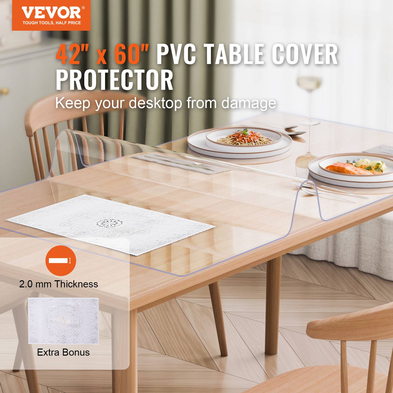 VEVOR Protecteur bureau PVC transparent, 42x60", 2.0mm, rectangulaire, imperméable, bureau. - Image 2