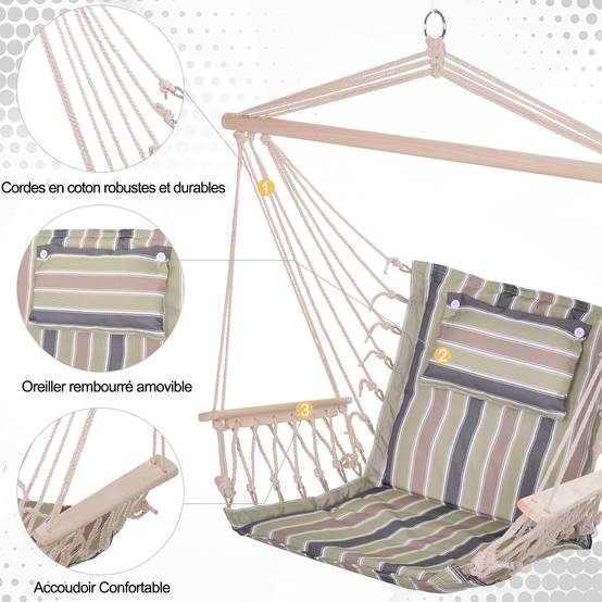 Chaise suspendue hamac coton jardin assise respirante macramé 100cm rayé - ComfortXL Outdoor Living - Image 5