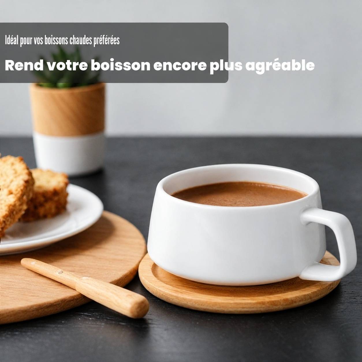 Tasse à Cappuccino avec Soucoupe en Céramique et Bois 320 ml Lot de 4 - Image 4