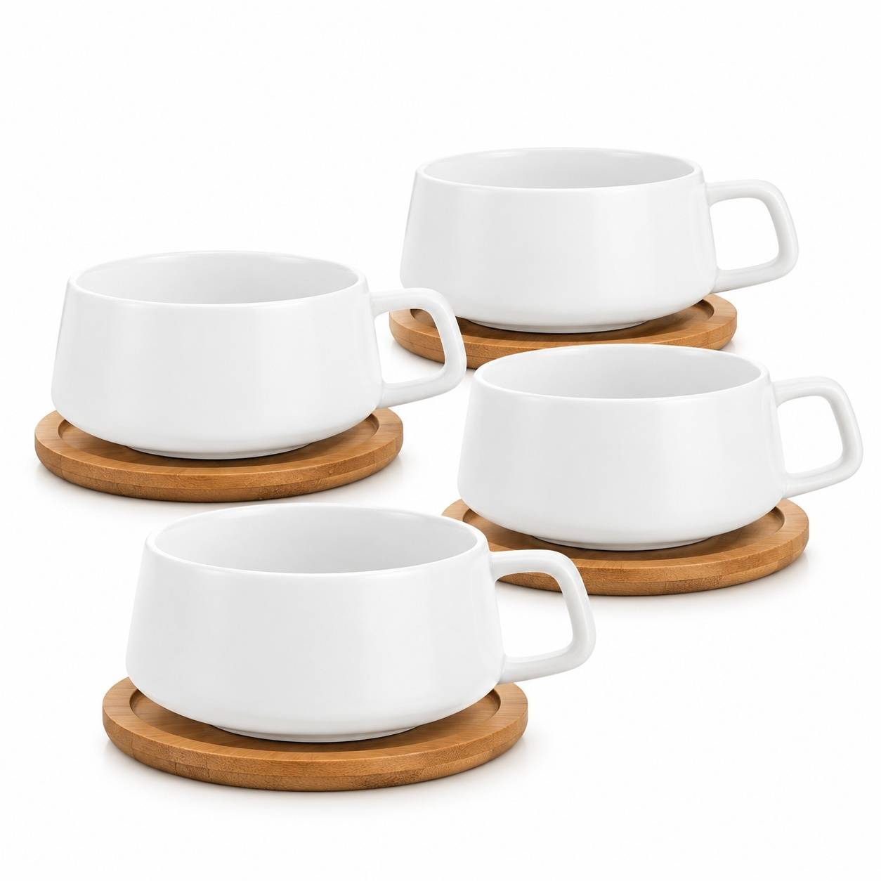 Tasse à Cappuccino avec Soucoupe en Céramique et Bois 320 ml Lot de 4