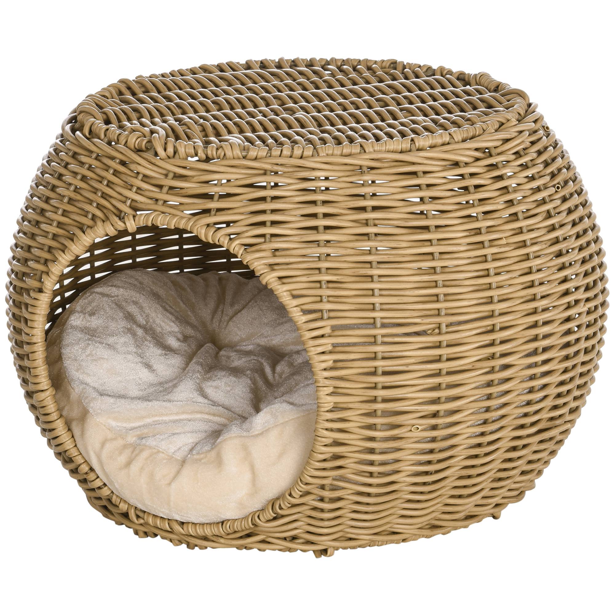 Niche chat 2 niveaux en résine tressée, coussin doux, Ø40x30 cm, marron clair - Image 2