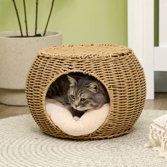 Niche chat 2 niveaux en résine tressée, coussin doux, Ø40x30 cm, marron clair - Image 4