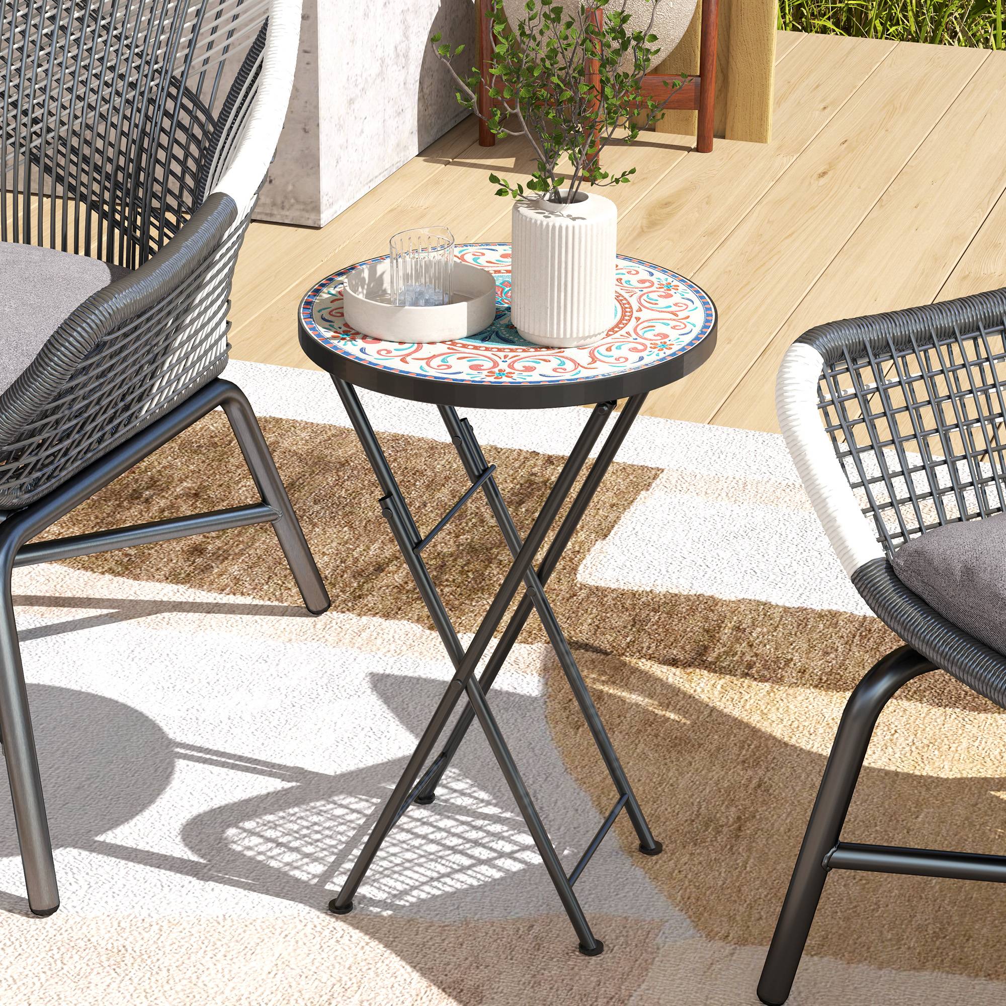 Table d'appoint ronde pliante métal céramique pour jardin motif mosaïque multicolore 35x55cm - ComfortXL Outdoor Living - Image 4