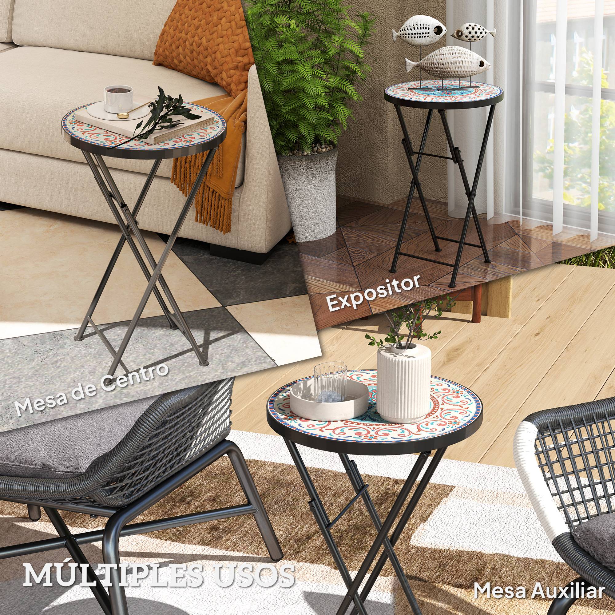 Table d'appoint ronde pliante métal céramique pour jardin motif mosaïque multicolore 35x55cm - ComfortXL Outdoor Living - Image 9