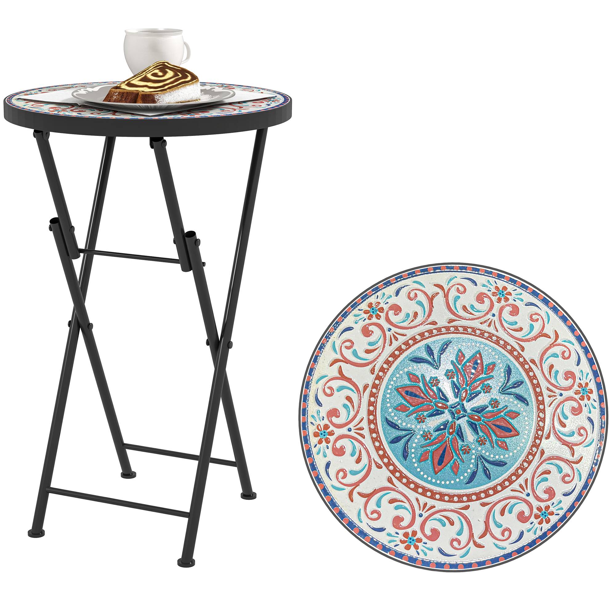 Table d'appoint ronde pliante métal céramique pour jardin motif mosaïque multicolore 35x55cm - ComfortXL Outdoor Living - Image 1