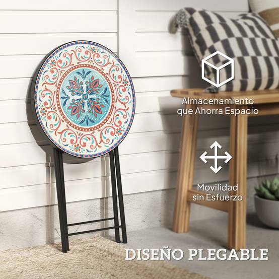 Table d'appoint ronde pliante métal céramique pour jardin motif mosaïque multicolore 35x55cm - ComfortXL Outdoor Living - Image 7