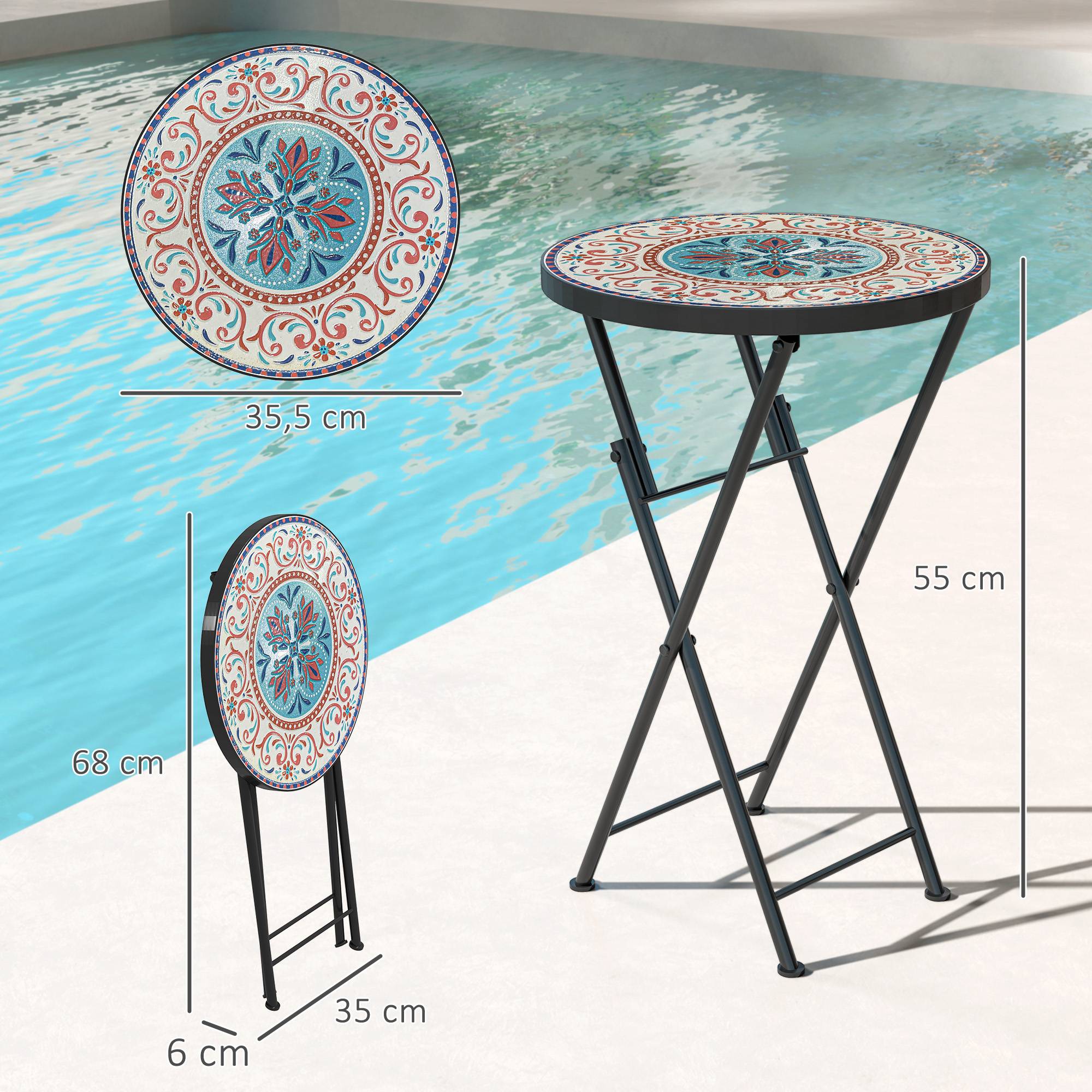 Table d'appoint ronde pliante métal céramique pour jardin motif mosaïque multicolore 35x55cm - ComfortXL Outdoor Living - Image 5