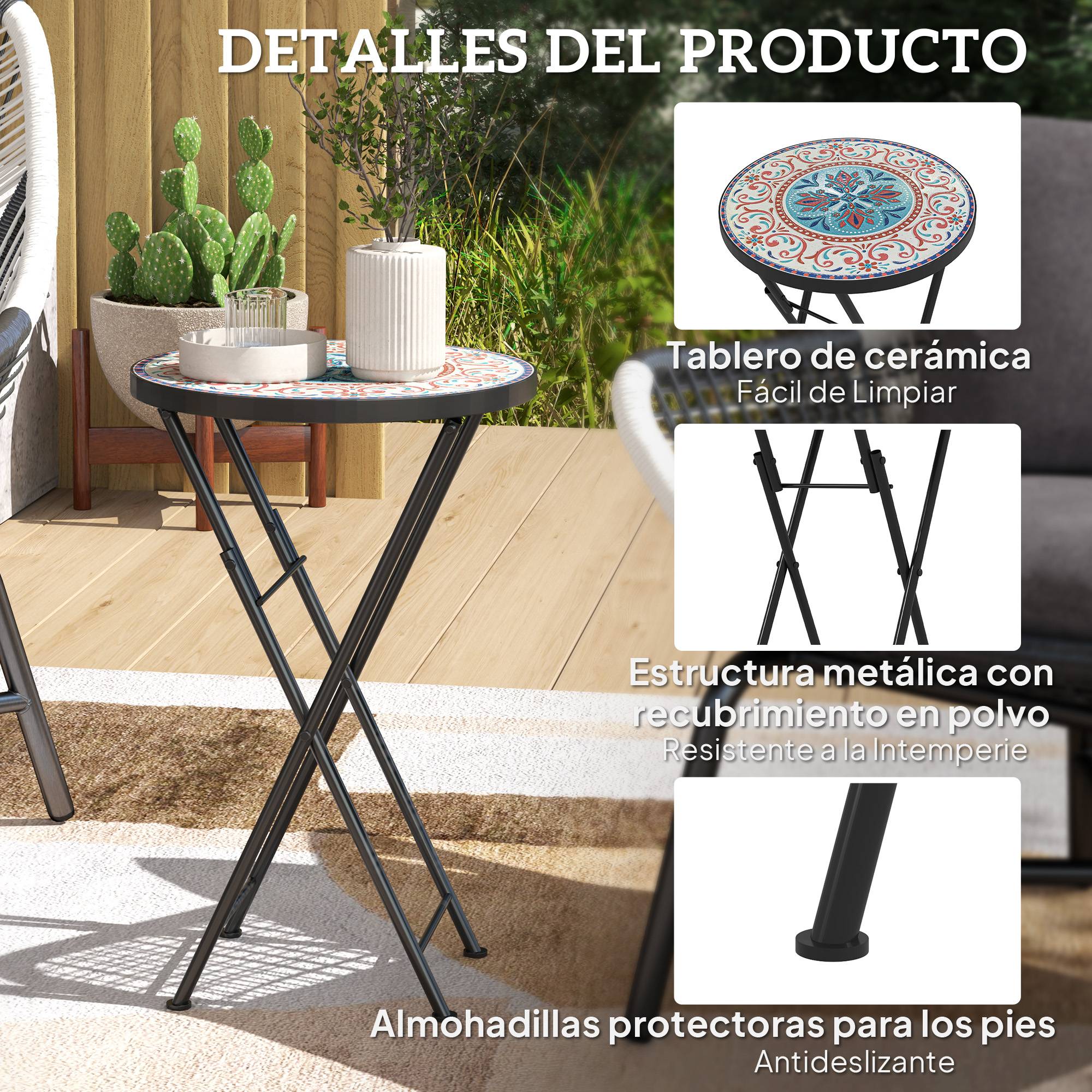 Table d'appoint ronde pliante métal céramique pour jardin motif mosaïque multicolore 35x55cm - ComfortXL Outdoor Living - Image 8