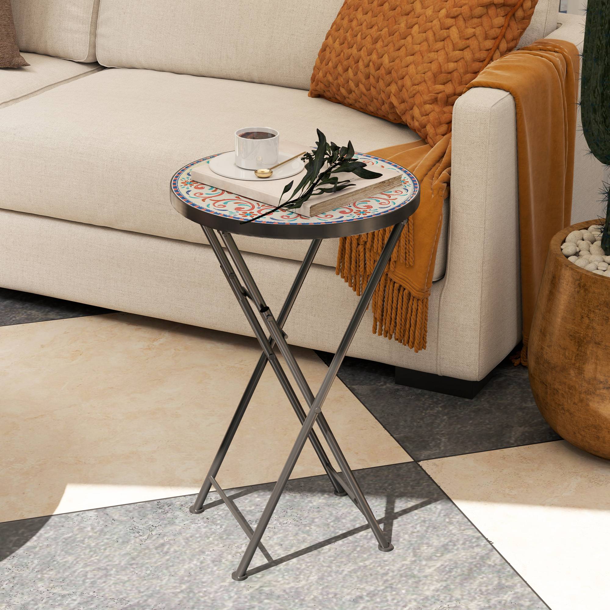 Table d'appoint ronde pliante métal céramique pour jardin motif mosaïque multicolore 35x55cm - ComfortXL Outdoor Living - Image 3