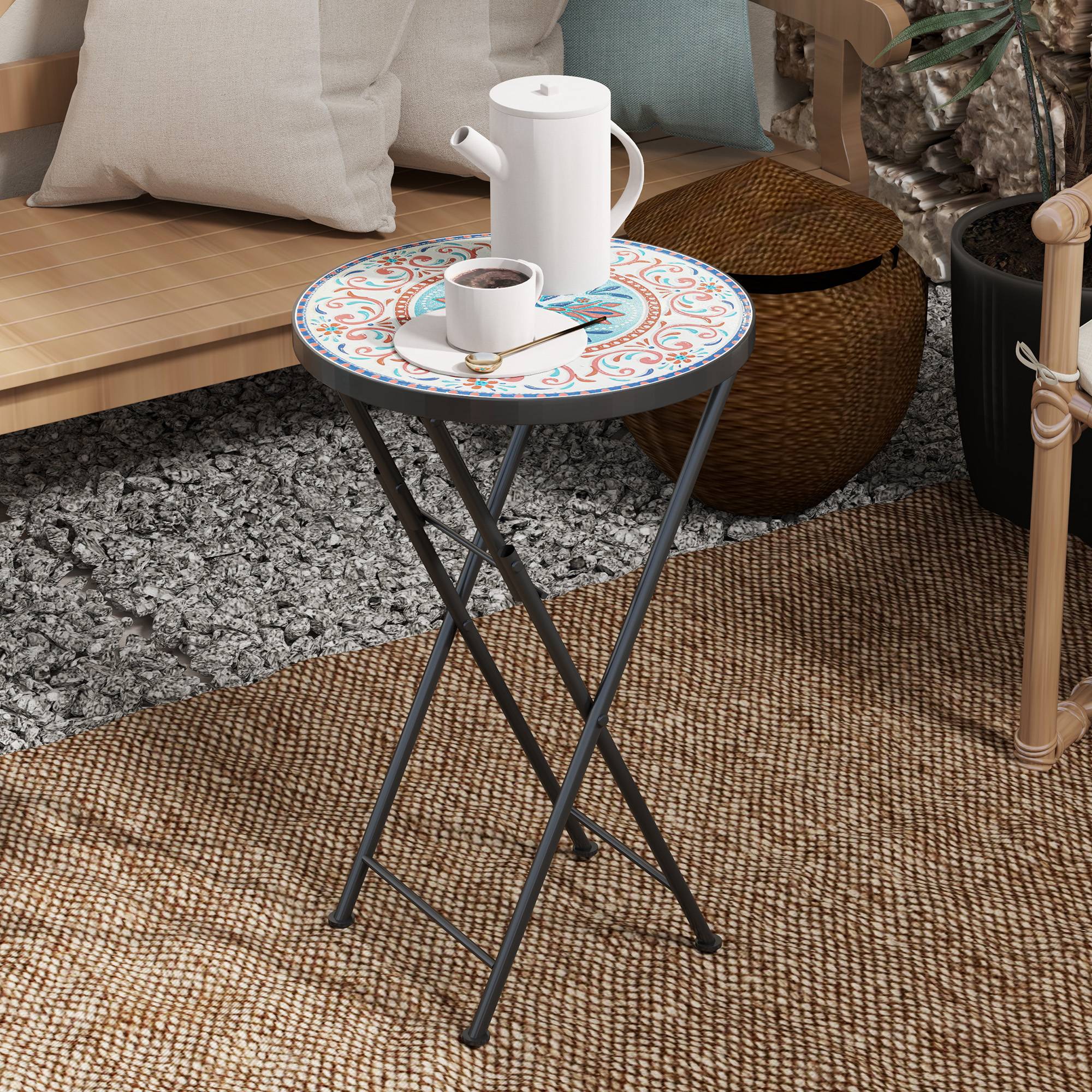 Table d'appoint ronde pliante métal céramique pour jardin motif mosaïque multicolore 35x55cm - ComfortXL Outdoor Living - Image 10