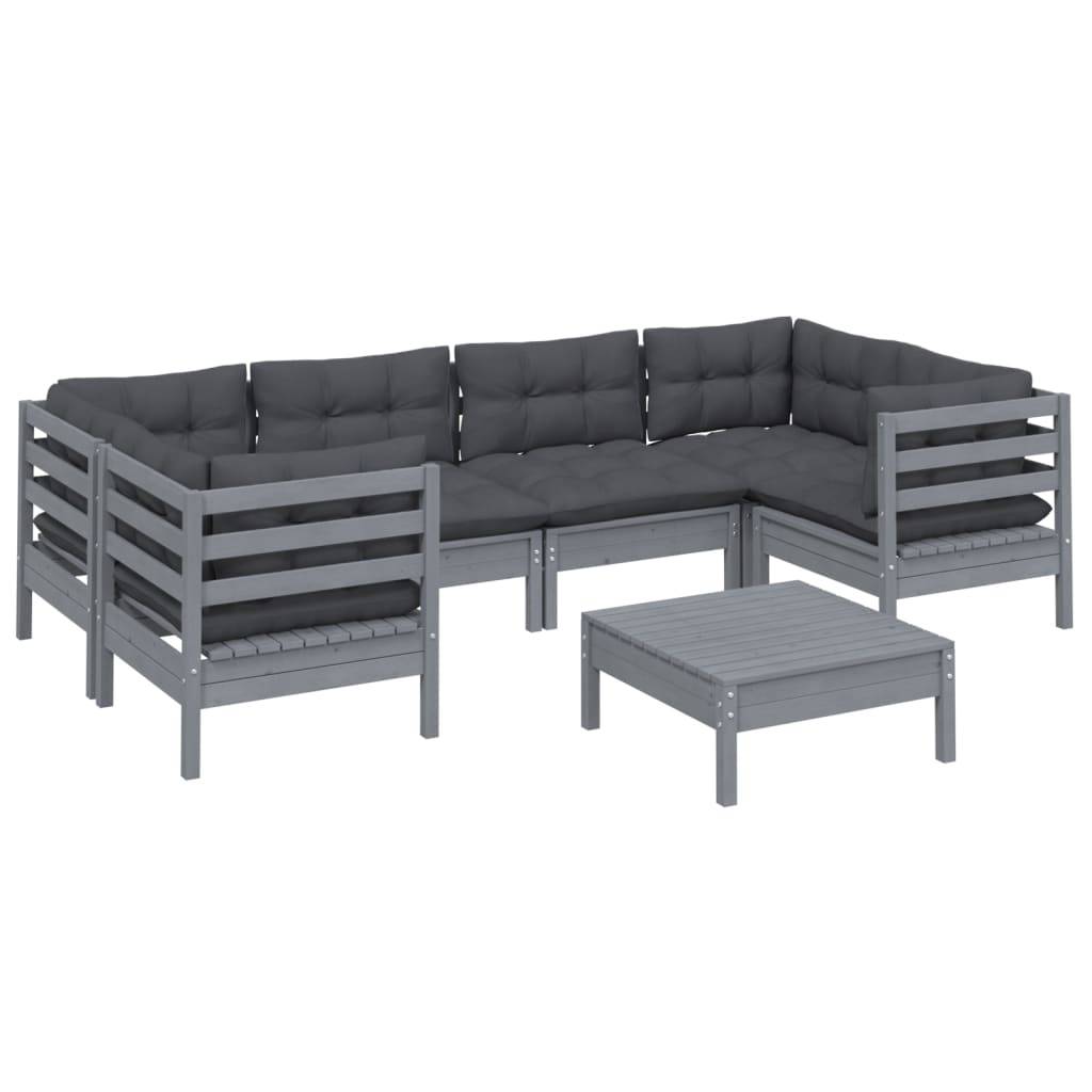 Helloshop26 - Salon de jardin meuble d'extérieur ensemble de mobilier 7 pièces avec coussins gris bois de pin - Imagen 1