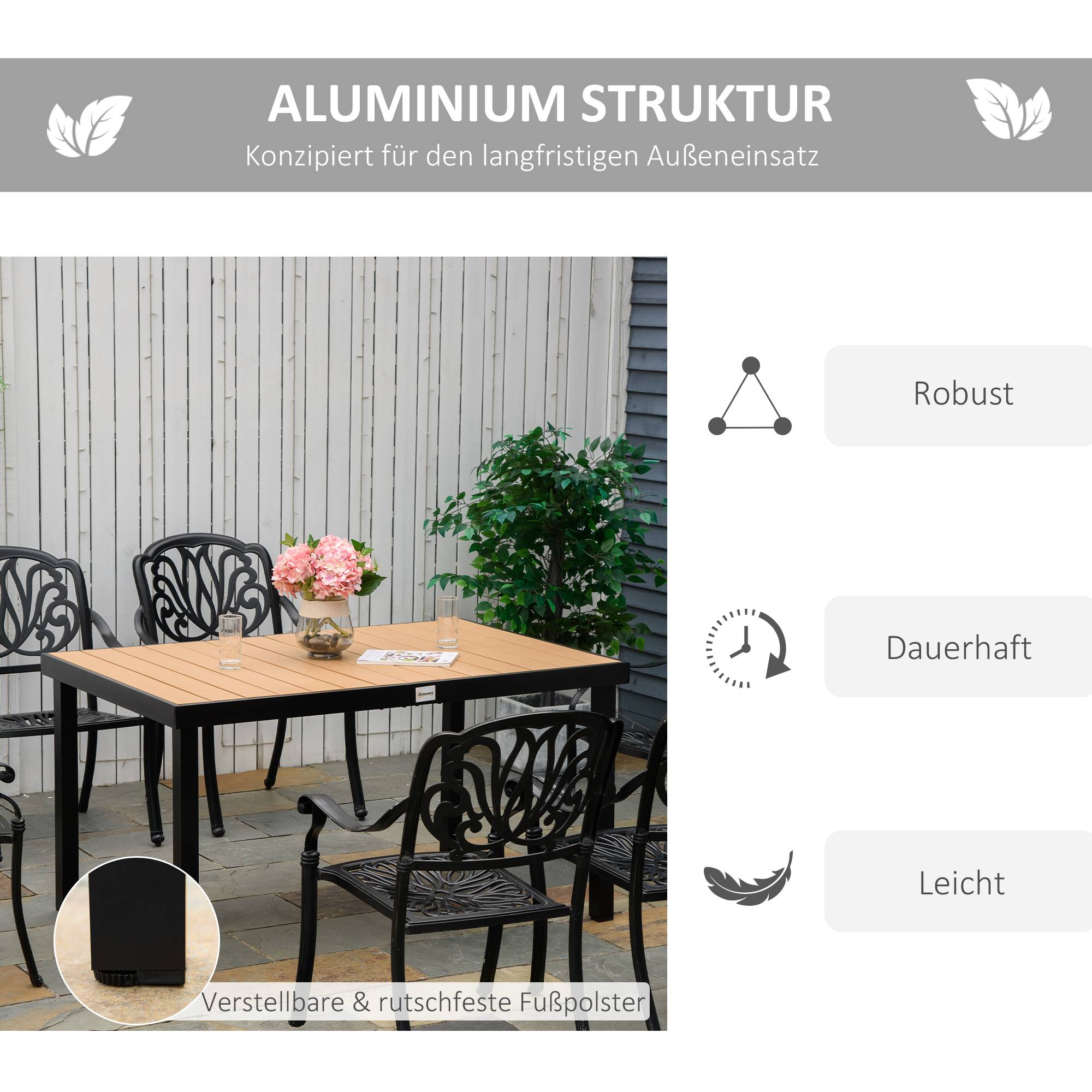 ComfortXL - Table de jardin aluminium 140 x 90 cm naturel noir terrasse repas 6 personnes - ComfortXL Outdoor Living - Image 7