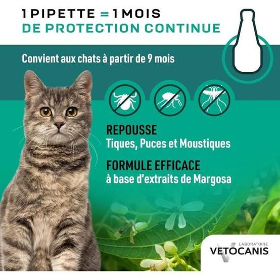 Pipettes antiparasitaires chat anti-puces et anti-tiques éco pack 4 x 1,2 mL - VETOCANIS - Image 2